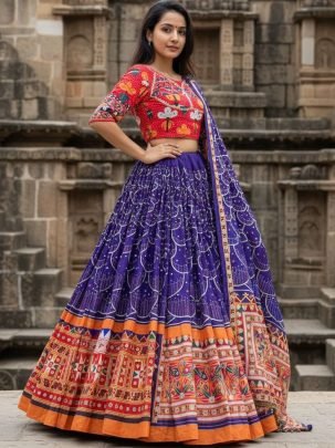 Real Mirror Work Purple Colour Navratri  Lehenga