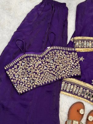 Real Mirror Work  Purple  Colour  Fabric  Palazzo Suit