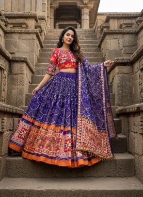 Real Mirror Work Purple Colour Navratri  Lehenga