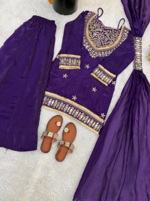 Real Mirror Work  Purple  Colour  Fabric  Palazzo Suit