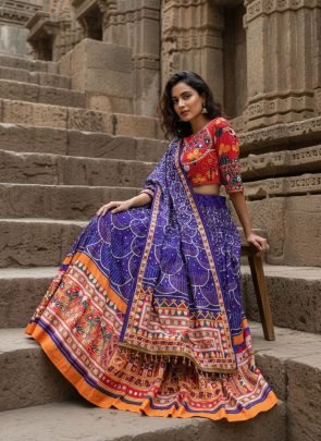 Real Mirror Work Purple Colour Navratri  Lehenga