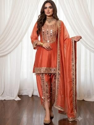 Real Mirror Work Red Colour Ready Made Suit