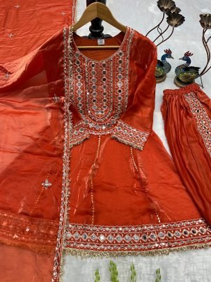 Real Mirror Work Red Colour Ready Made Suit