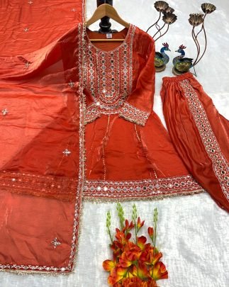Real Mirror Work Red Colour Ready Made Suit