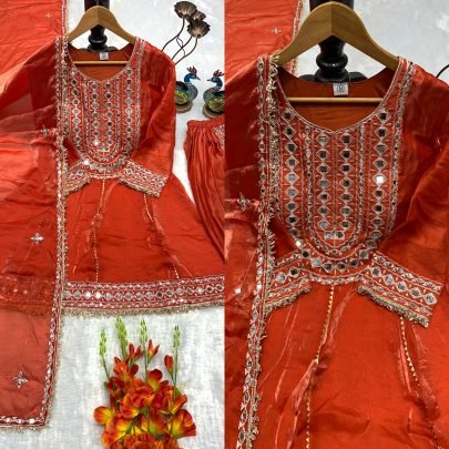Real Mirror Work Red Colour Ready Made Suit
