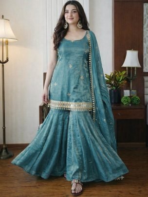 Real Mirror Work  Sky Blue Colour  Sharara Suit