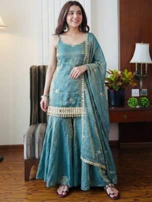 Real Mirror Work  Sky Blue Colour  Sharara Suit