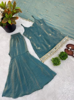 Real Mirror Work  Sky Blue Colour  Sharara Suit