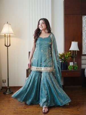 Real Mirror Work  Sky Blue Colour  Sharara Suit
