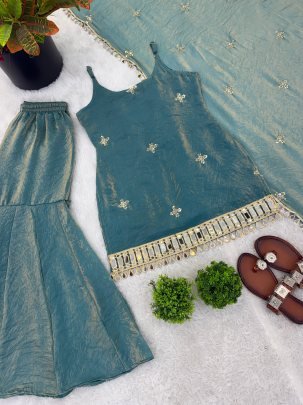 Real Mirror Work  Sky Blue Colour  Sharara Suit