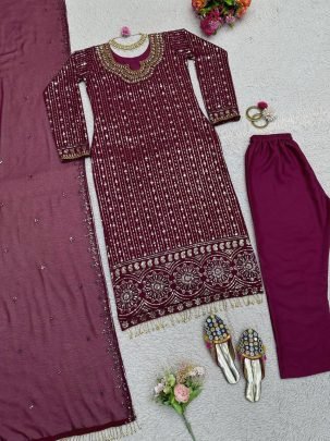 Real Mirror Work  Wine Colour  Suit