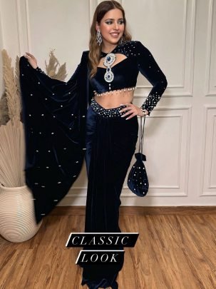 Real Pearl Moti Work Blue Colour Viscose Velvet Saree