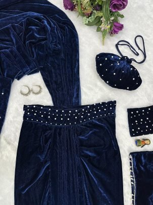 Real Pearl Moti Work Blue Colour Viscose Velvet Saree