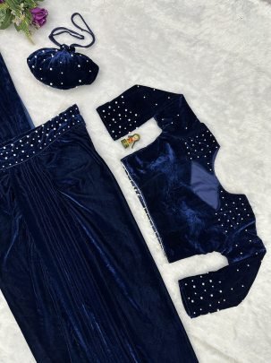 Real Pearl Moti Work Blue Colour Viscose Velvet Saree