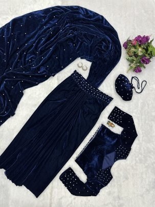 Real Pearl Moti Work Blue Colour Viscose Velvet Saree