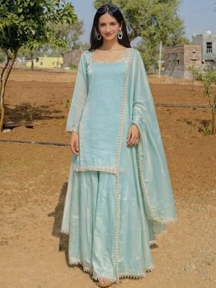 Real Pearls Work Sky Blue Colour Sharara Suit