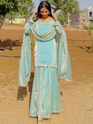 Real Pearls Work Sky Blue Colour Sharara Suit