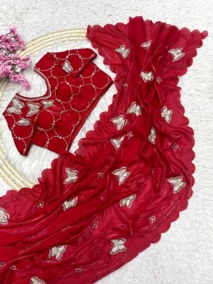 Red Chakli Sparrow Satin Silk Saree