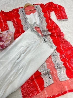 Red Colour Original Mirror And Handwork Indo Western Dress