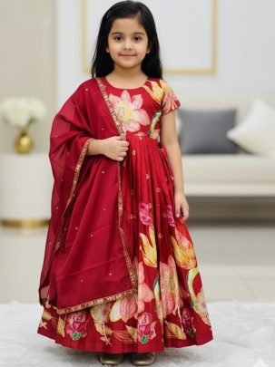 Red  Colour  Position Print Gown With Dupatta