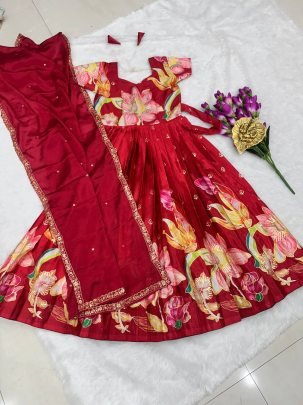 Red  Colour  Position Print Gown With Dupatta