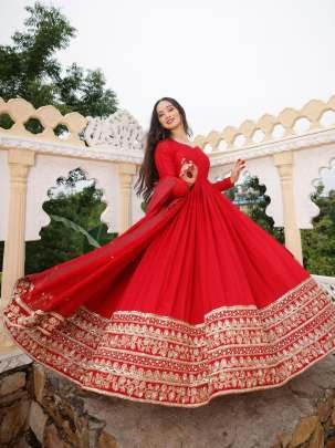 Red Fox Georgette Heavy Sequence Work Gown With Embroidered Dupatta