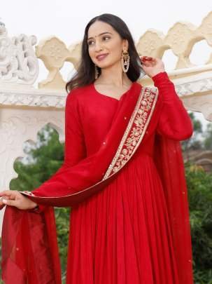 Red Fox Georgette Heavy Sequence Work Gown With Embroidered Dupatta