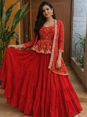 Red Holi Radiance Bandhej Lehenga Set