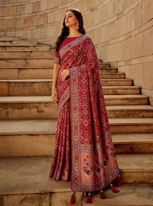 Red Kasturi Bandhej Soft Khadi Georgette Weaving Saree with Piping Border