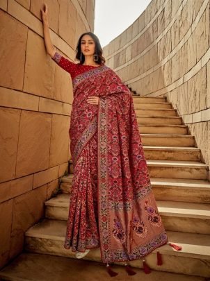 Red Kasturi Bandhej Soft Khadi Georgette Weaving Saree with Piping Border
