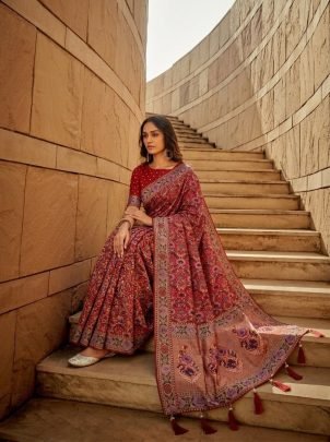 Red Kasturi Bandhej Soft Khadi Georgette Weaving Saree with Piping Border