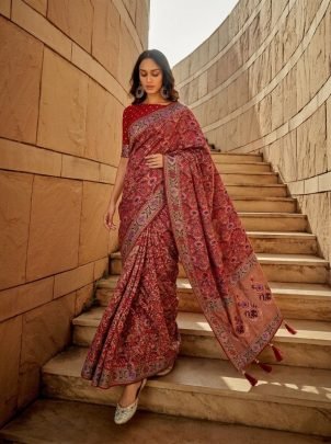 Red Kasturi Bandhej Soft Khadi Georgette Weaving Saree with Piping Border