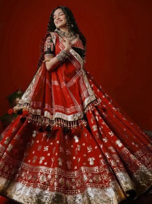 Premium Navratri Foil Print Lehenga Choli Set with Mirror Work