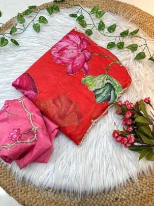 Red Ruby Glow Floral Saree