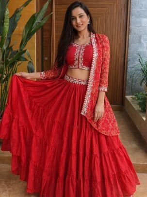 Red Ruby Threads Chinon Lehengha Choli
