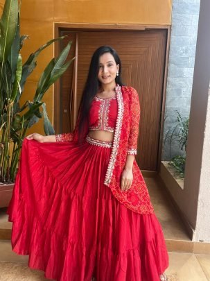 Red Ruby Threads Chinon Lehengha Choli