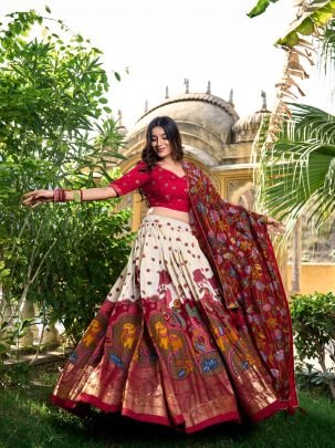 Red Tasar Silk Kalamkari Print Lehenga With White Foil Work Border