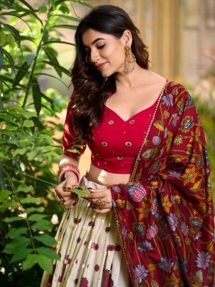 Red Tasar Silk Kalamkari Print Lehenga With White Foil Work Border