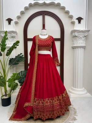 Premium Vichitra Silk Embroidered Wedding Lehenga Choli with Dupatta