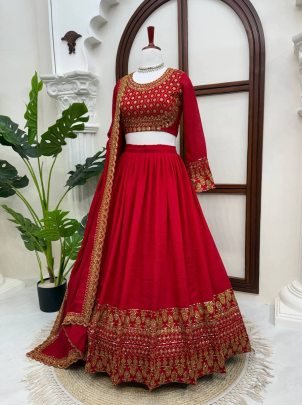 Premium Vichitra Silk Embroidered Wedding Lehenga Choli with Dupatta