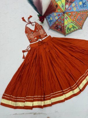 Ribbin Work Orange Colour Kids Navratri Lehenga
