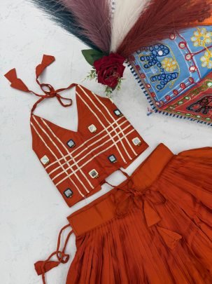 Ribbin Work Orange Colour Kids Navratri Lehenga