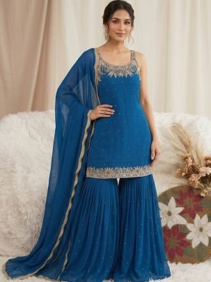 Riveted Moti Work Royal Blue Colour Gharara Suit