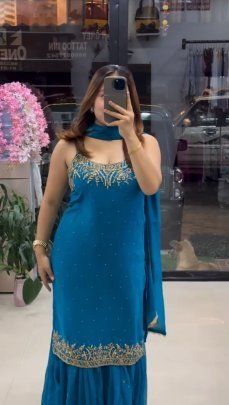 Riveted Moti Work Royal Blue Colour Gharara Suit