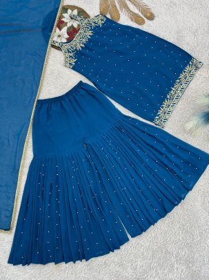 Riveted Moti Work Royal Blue Colour Gharara Suit