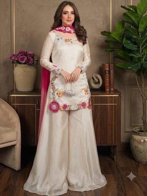 Roman Glass Fabric Moti Work  Palazzo Suit