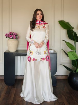 Roman Glass Fabric Moti Work  Palazzo Suit