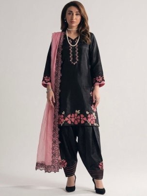 Roman Glass Silk Fabric Baby Pink Colour Farshi Salwar Suit