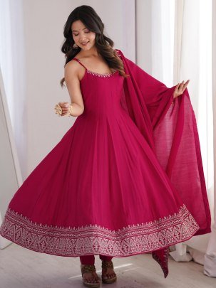 Roman silk Chanderi Fabric Rani Colour Anarkali Suit