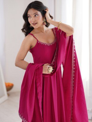 Roman silk Chanderi Fabric Rani Colour Anarkali Suit